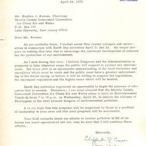 Letter from United States Senator Clifford Case regarding his support for Environmental Activities of The Morris County Concerned Committee for Clean Air & Water